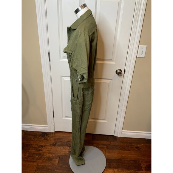 A.L.C. Green Denim Cotton Linen Blend Collared Short Sleeve Jumpsuit Size 12 - Picture 5 of 7